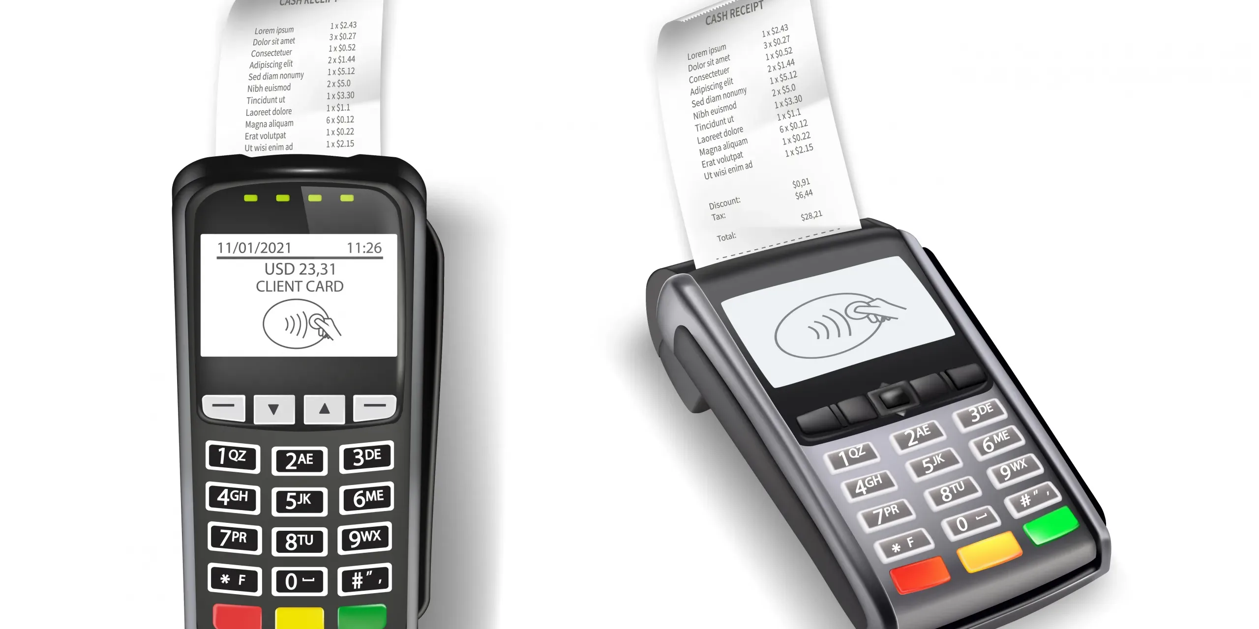 Payment terminal machine for credit cards with cash receipts set. Two electronic wireless readers for purchases, contactless technology for transactions isolated on white.
