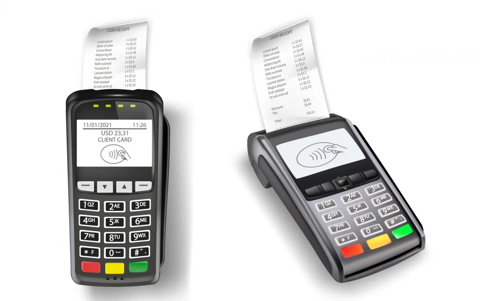 Payment terminal machine for credit cards with cash receipts set. Two electronic wireless readers for purchases, contactless technology for transactions isolated on white.